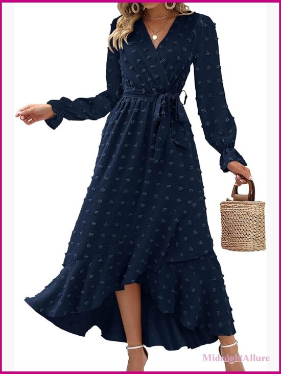 Dresses & Skirts - Long Sleeve Maxi Dress Swiss Dot Boho Flowy A-Line Wrap V-Neck